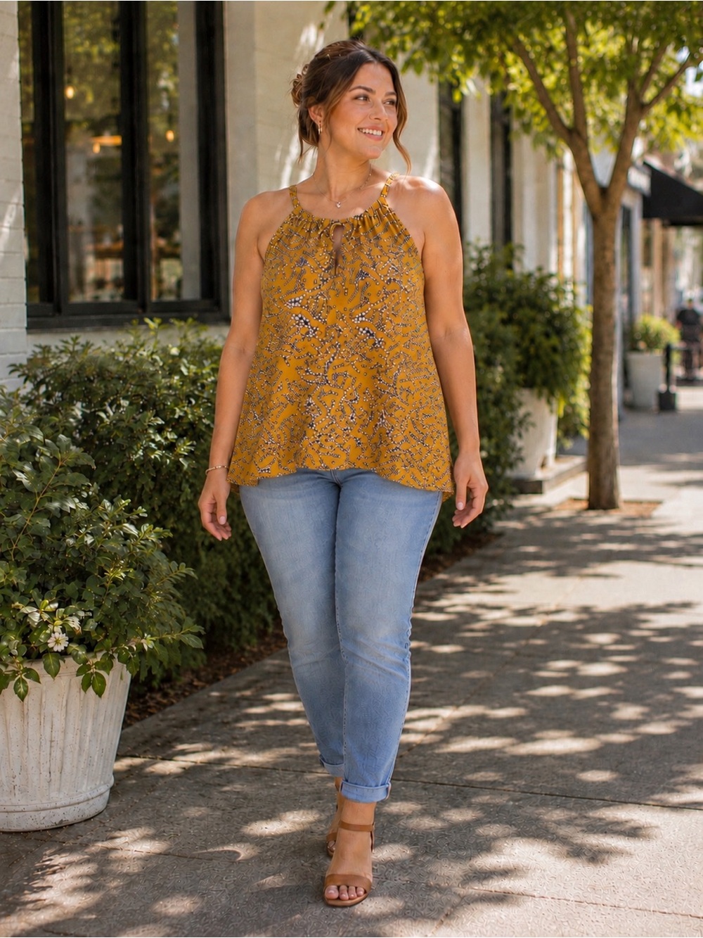 Lane Bryant 18/20 Yellow Floral Tank Top with Keyhole and Asymmetrical Hem